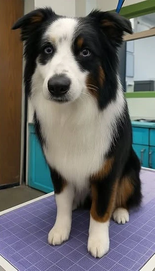 A black tri-color Australian Shepherd sitting neatly on the grooming table after a fresh groom